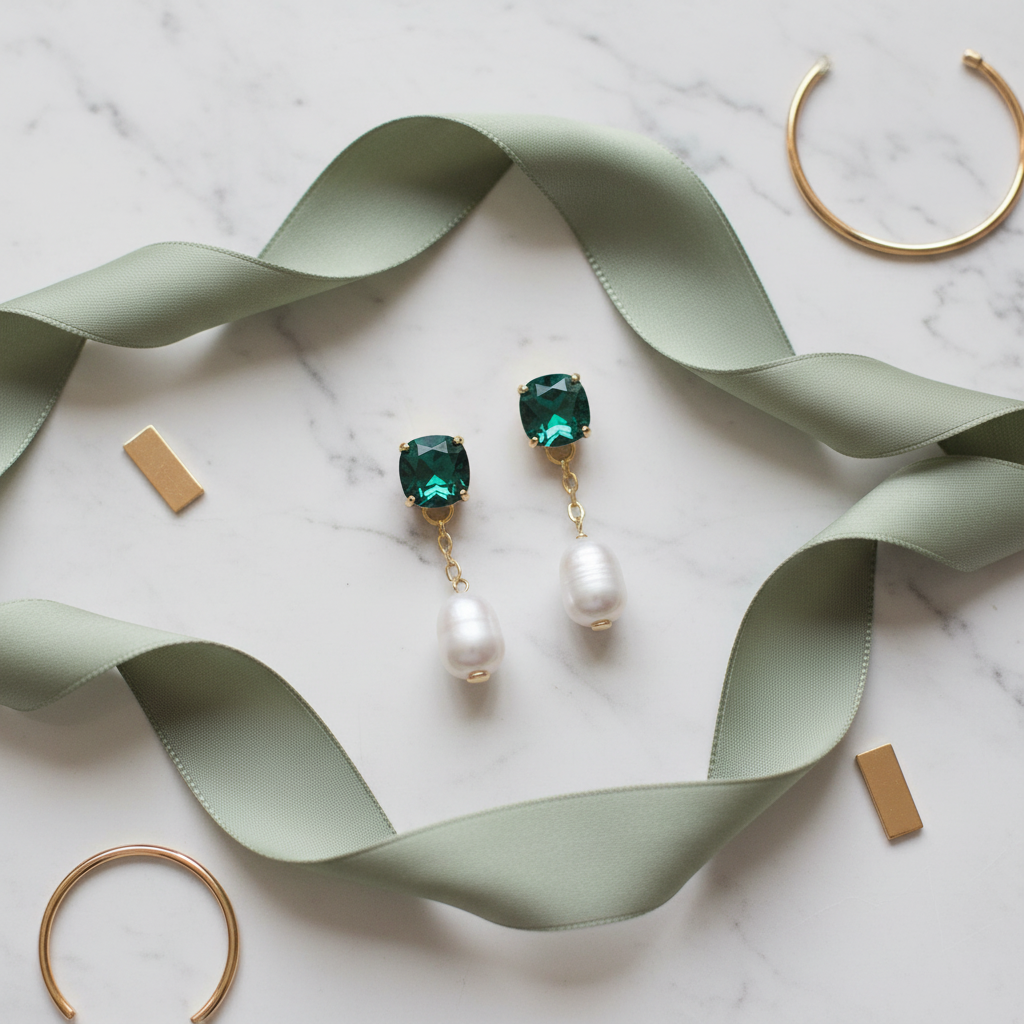 Tory Burch Crystal Pearl Drop Earrings - white marble flat lay