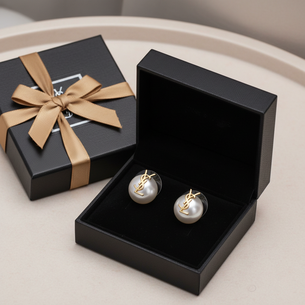 YSL Pearl Logo Stud Earrings - Luxury Gift Box