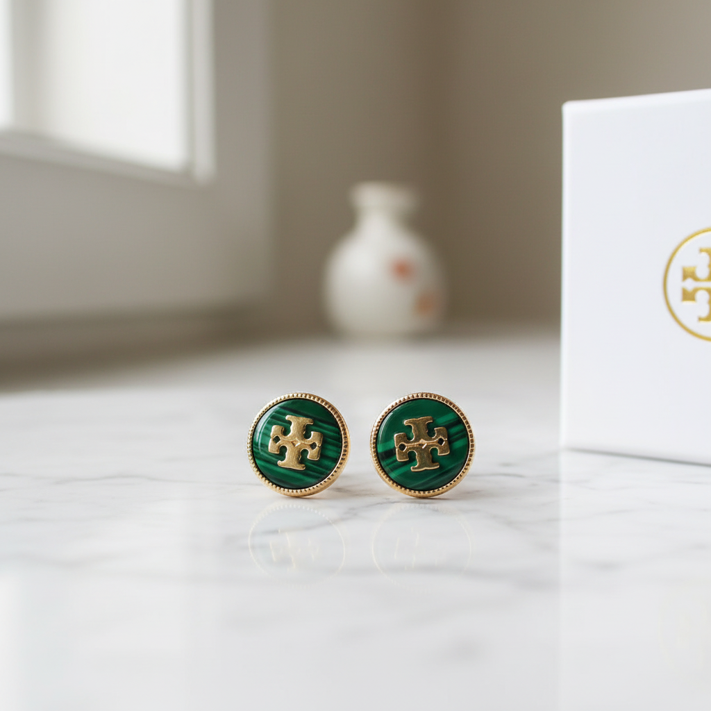 Tory Burch Malachite Stud Earrings on marble surface, editorial lifestyle shot
