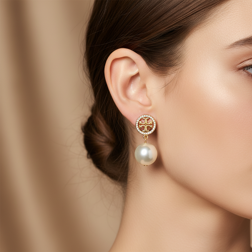 Tory Burch Miller Pavé Pearl Drop Earrings worn on model