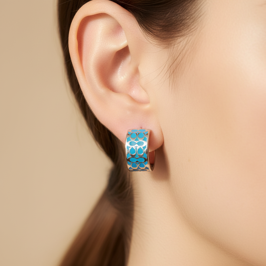 Coach Signature Enamel Huggie Earrings macro detail lifestyle