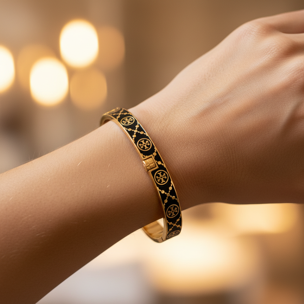 Tory Burch Double T Monogram Hinge Bangle - close-up detail