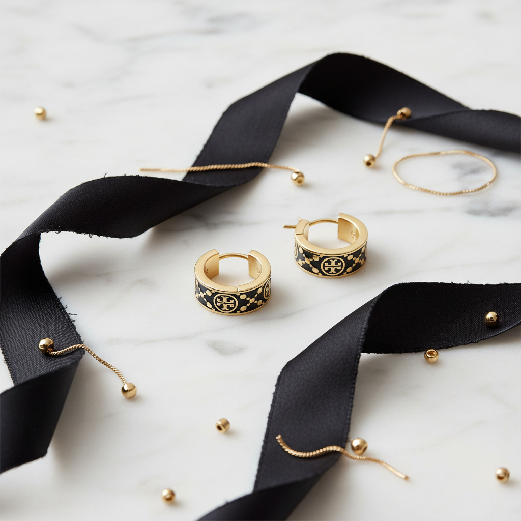 Tory Burch T Monogram Hoop Enamel Earrings Black Gold - Marble Flat Lay