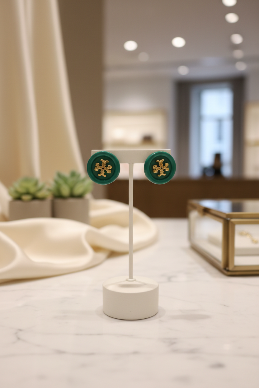 Tory Burch Roxanne Button Stud Earrings Green – jewelry stand lifestyle