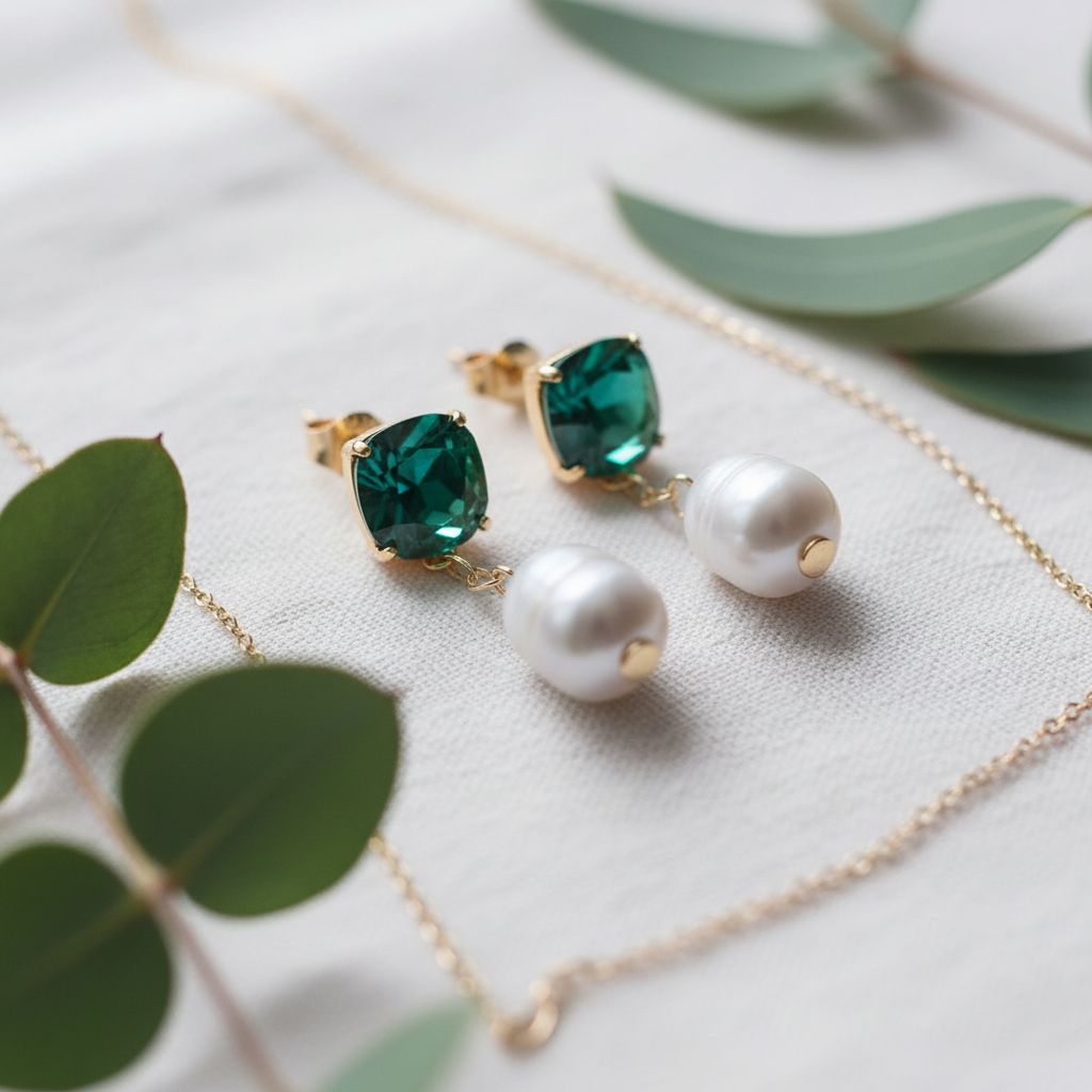 Tory Burch Crystal Pearl Drop Earrings - macro detail on white linen
