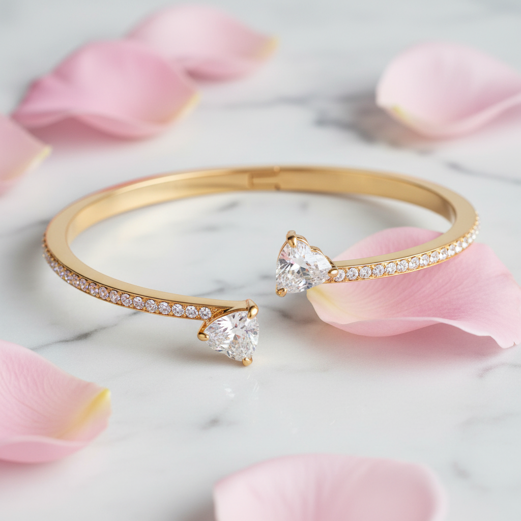 Swarovski Mesmera Bangle on marble surface with rose petals