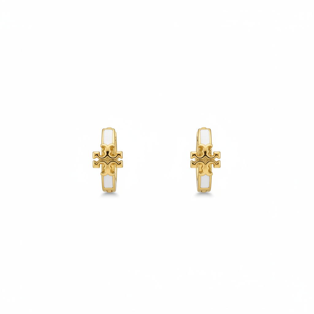 Tory Burch Icon White Enamel and Gold Huggie Earrings - clean white background product shot