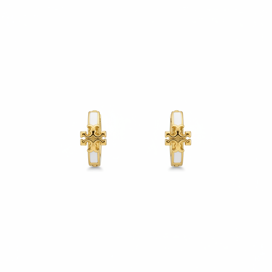 Tory Burch Icon White Enamel and Gold Huggie Earrings - clean white background product shot
