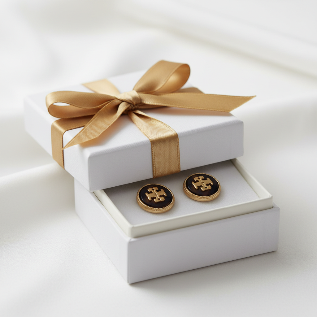 Tory Burch Kira Enamel Stud Earrings Tortoiseshell Gold in luxury gift box