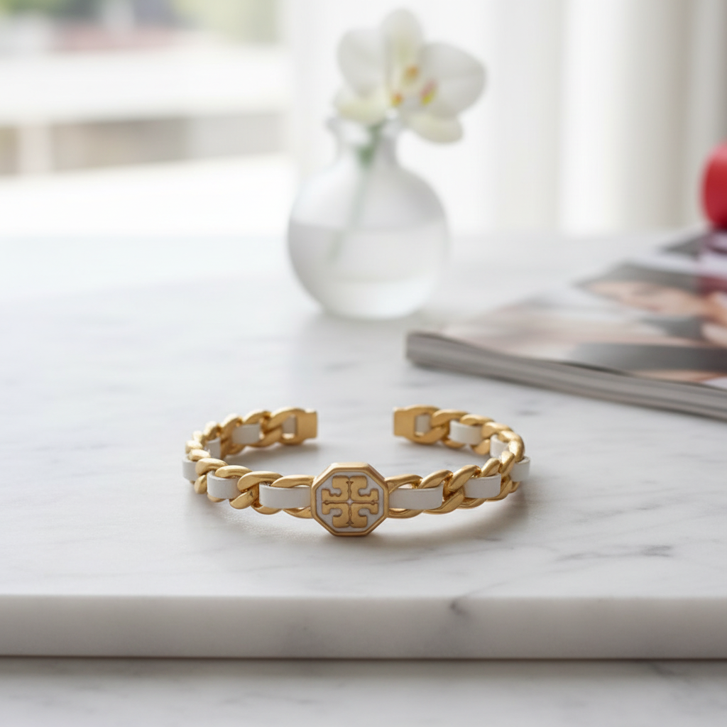 Tory Burch Marion Woven Chain Cuff Bracelet - marble lifestyle shot