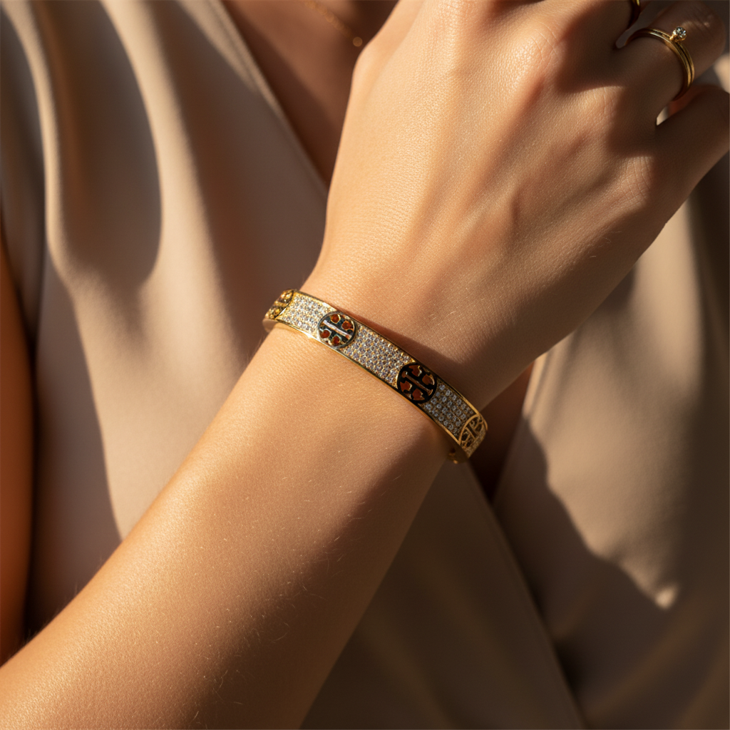 Tory Burch Icon Pavé Cuff Bracelet - model wrist shot
