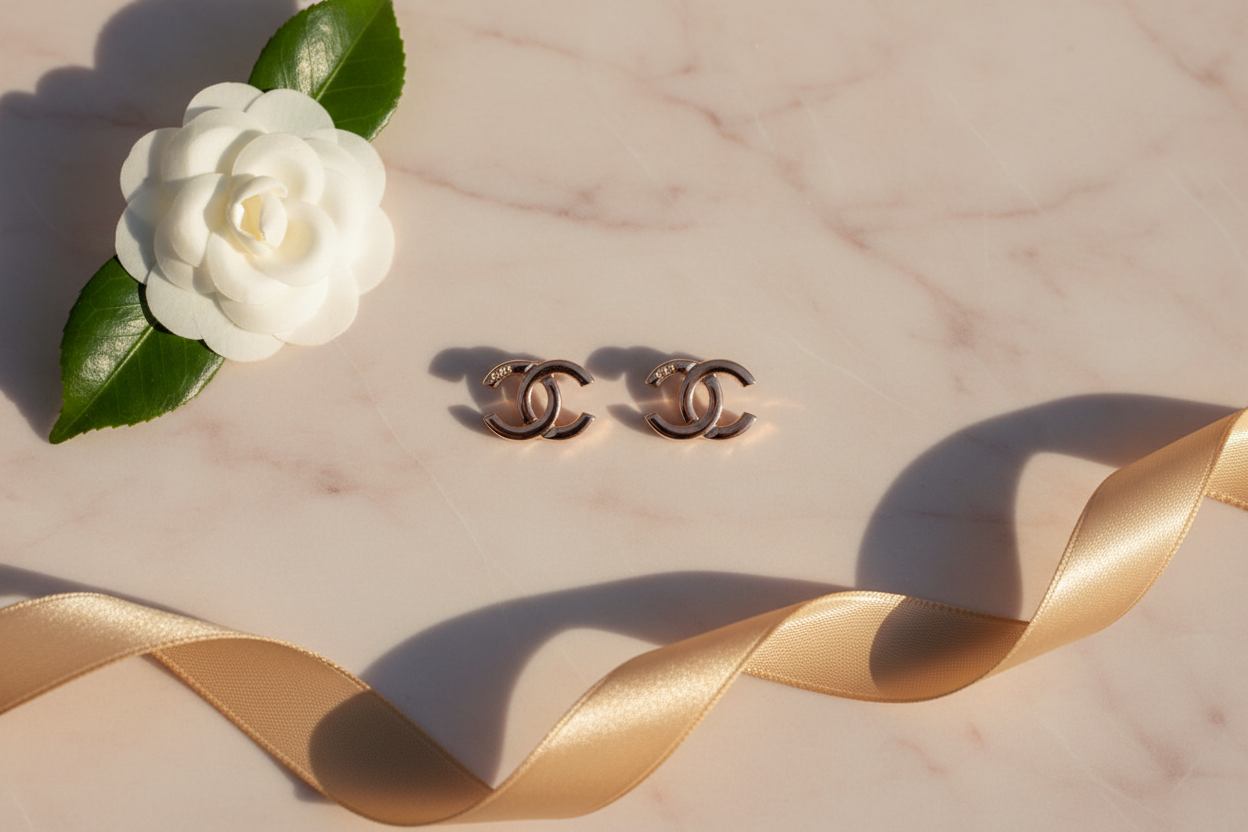 Chanel CC Rose Gold Stud Earrings blush marble flat lay