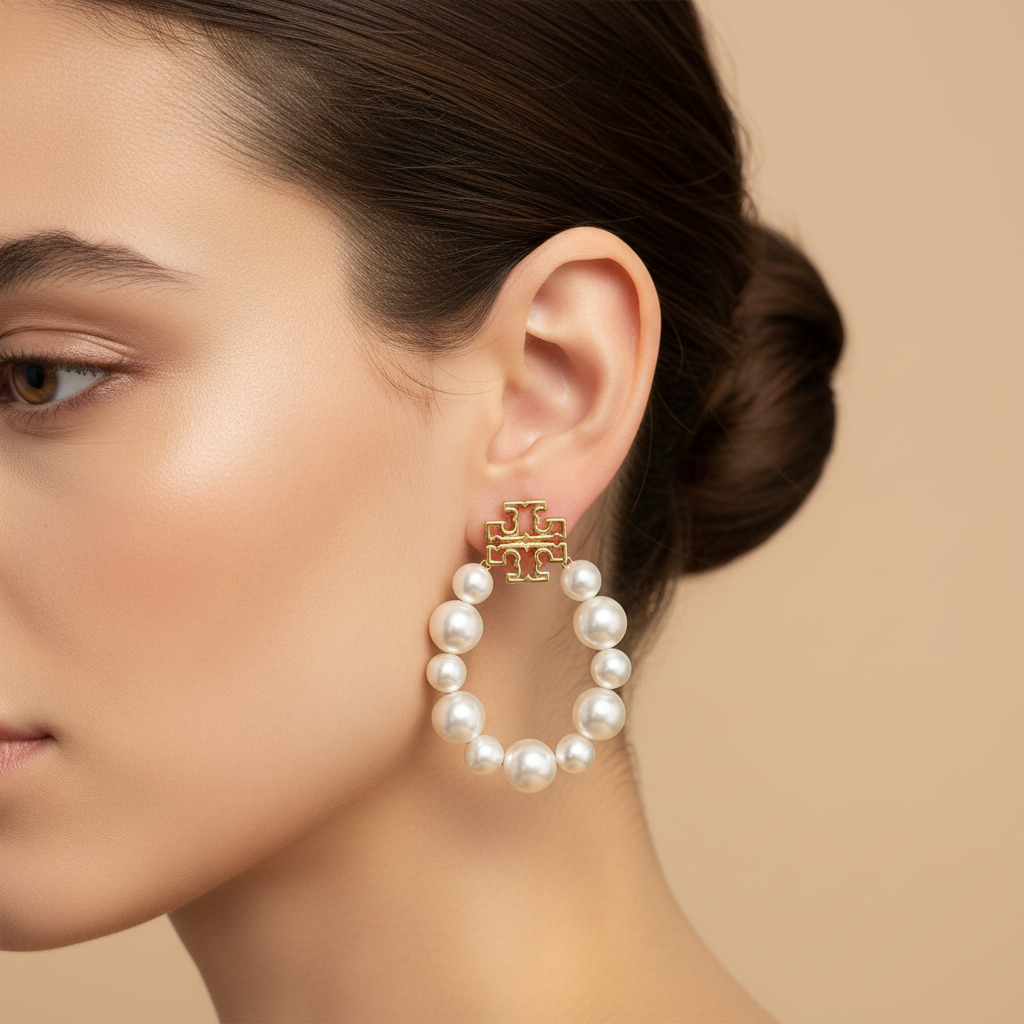 Tory Burch Britten Pearl Statement Earrings ear close-up