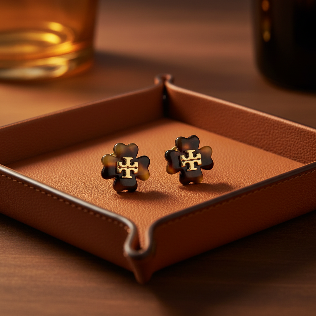 Tory Burch Kira Flower Stud Earrings in Tortoiseshell - cognac leather jewelry tray