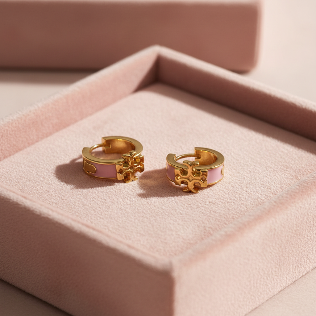 Tory Burch Kira Enamel Huggie Earrings in Gold/Mineral Pink - blush velvet jewelry tray