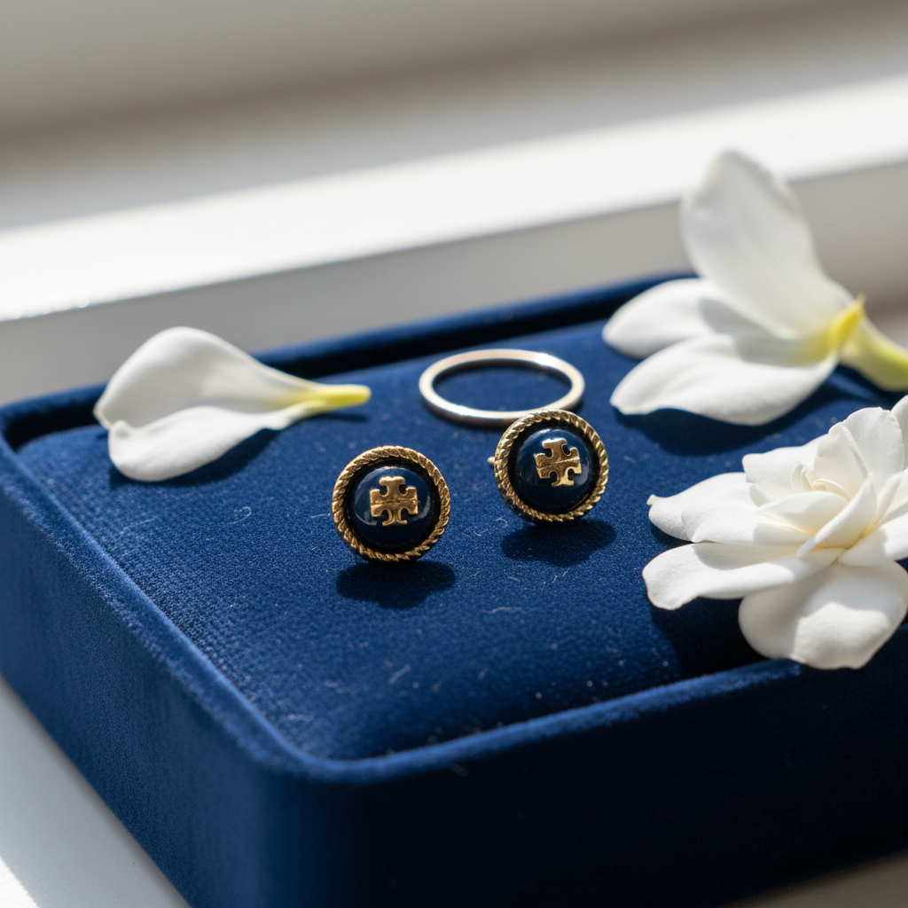 Tory Burch Rope Logo Stud Earrings - navy velvet tray