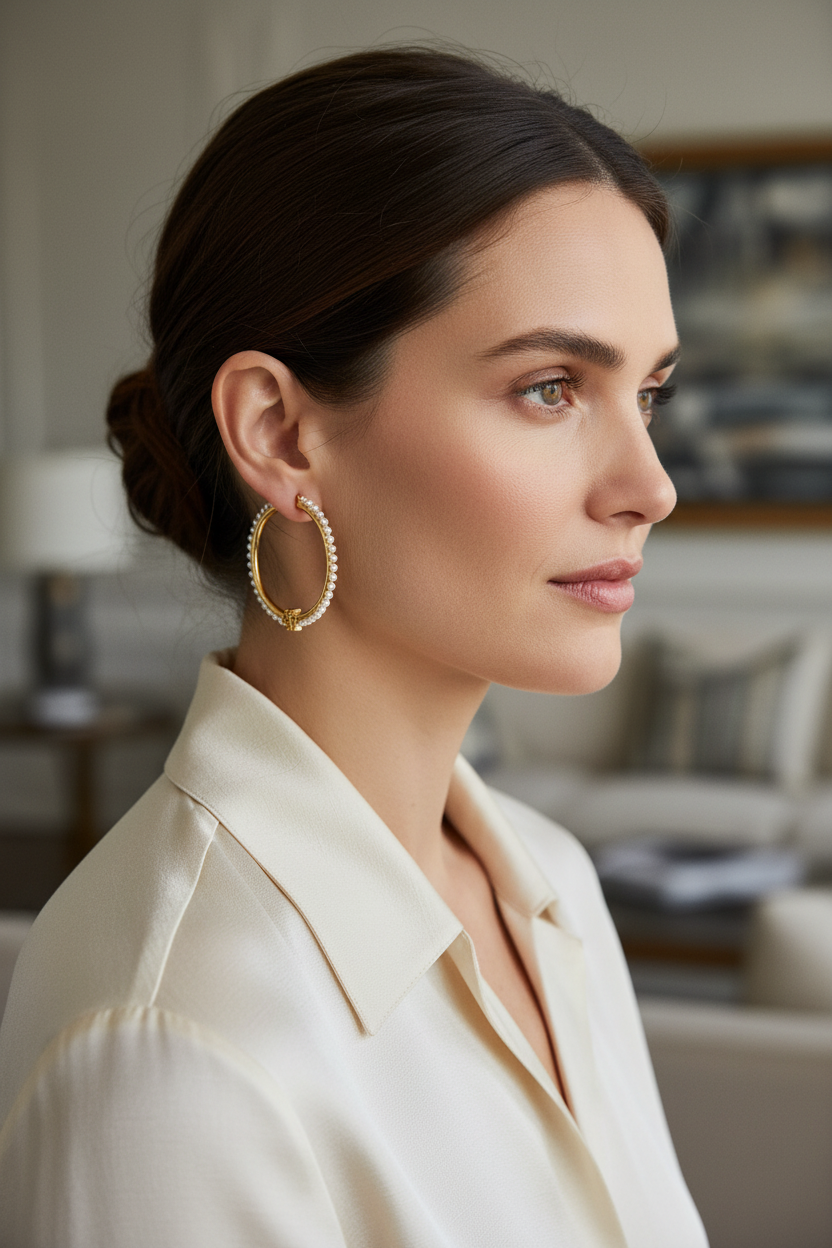 Tory Burch Logo Pearl Hoop Earrings Large – worn editorial lifestyle