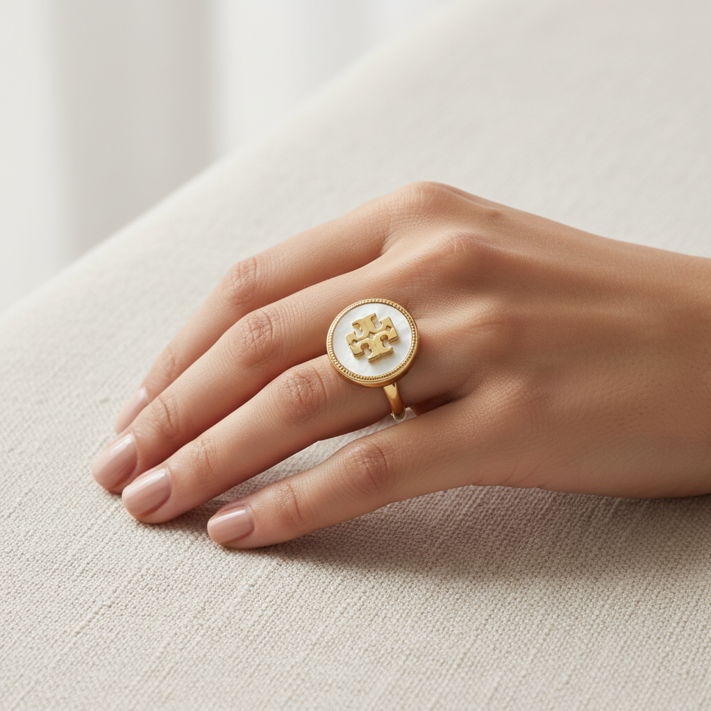 Tory Burch Mother of Pearl Logo Ring – worn on hand