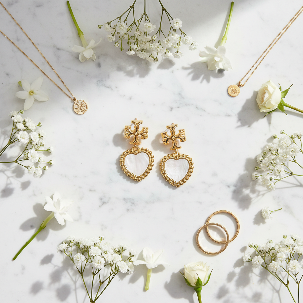 Tory Burch Roxanne Heart Drop Mother of Pearl Earrings - marble flat lay with florals