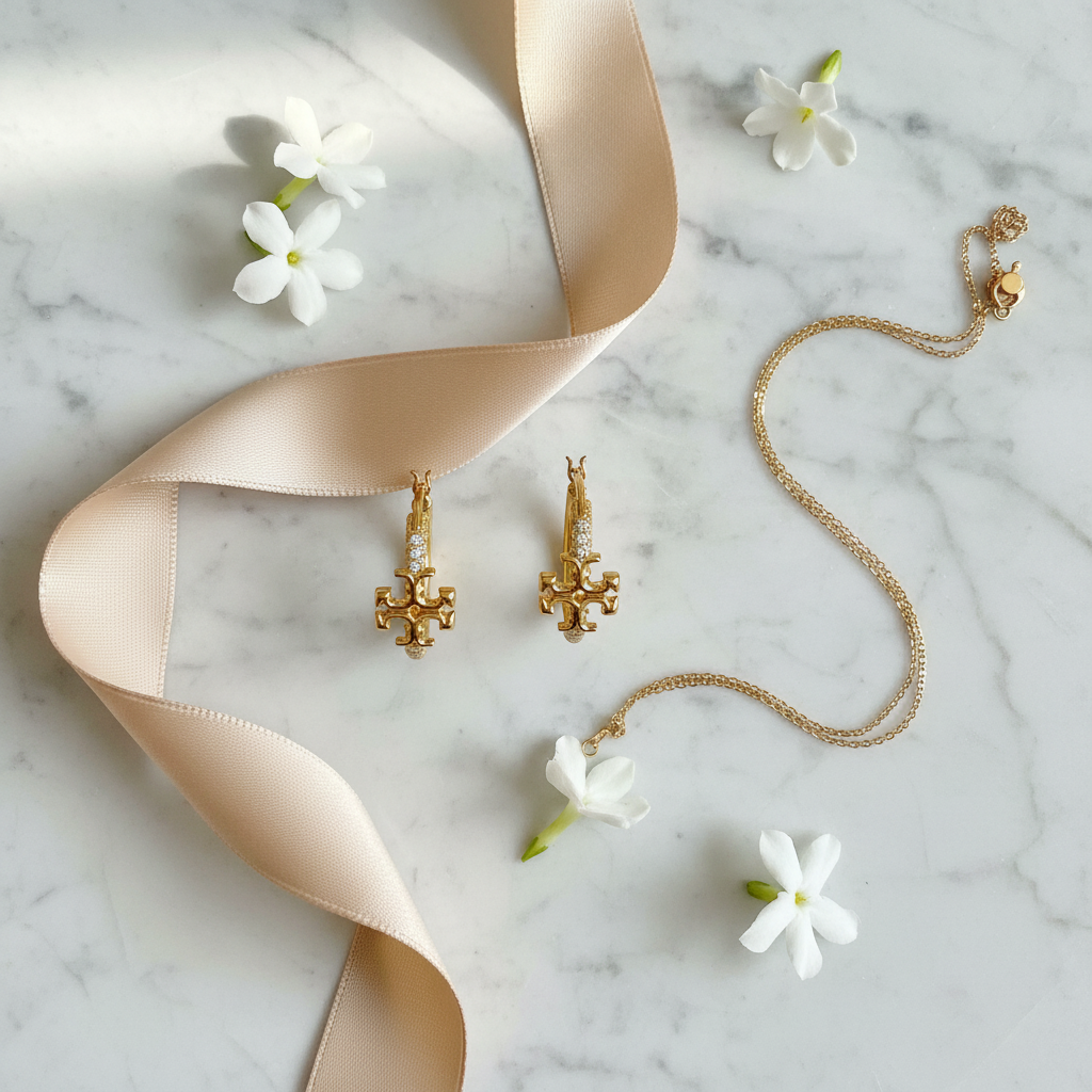Tory Burch Small Eleanor Pavé Hoop Earrings - marble flat lay
