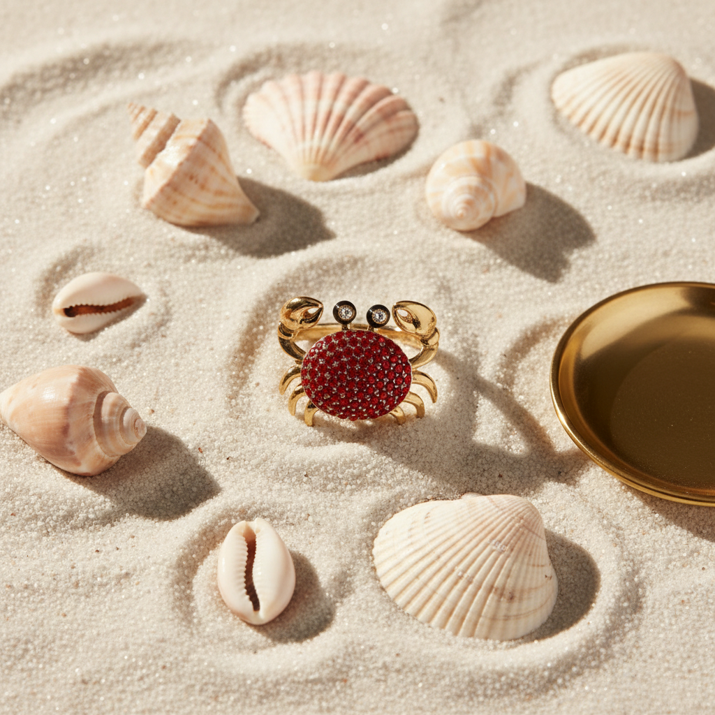 Kate Spade Shore Thing Pavé Crab Ring - coastal flatlay with seashells
