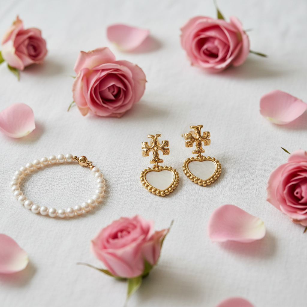 Tory Burch Roxanne Heart Drop Mother of Pearl Earrings - white linen flat lay with pearl bracelet