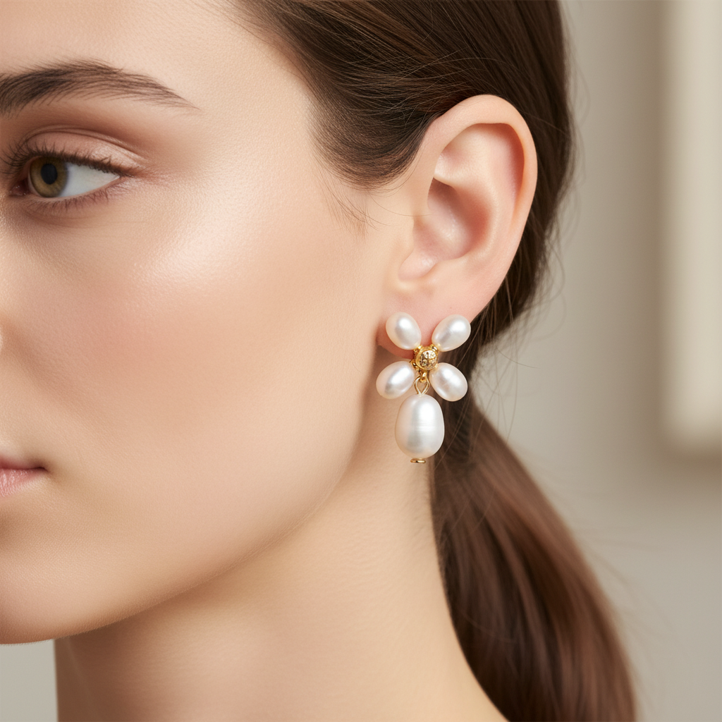 Tory Burch freshwater pearl drop earrings worn on ear