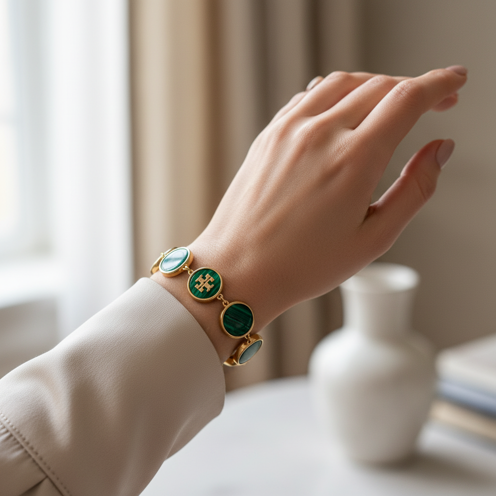 Tory Burch Malachite Link Bracelet in Gold - wrist shot lifestyle
