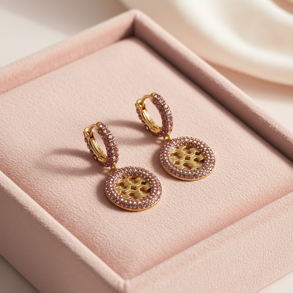 Tory Burch Miller Pavé Hoop Earrings in Gold/Pink Crystal - blush velvet jewelry tray