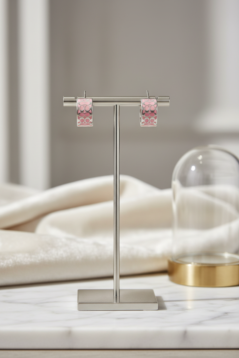 Coach Signature Enamel Huggie Earrings Pink Silver – jewelry stand lifestyle