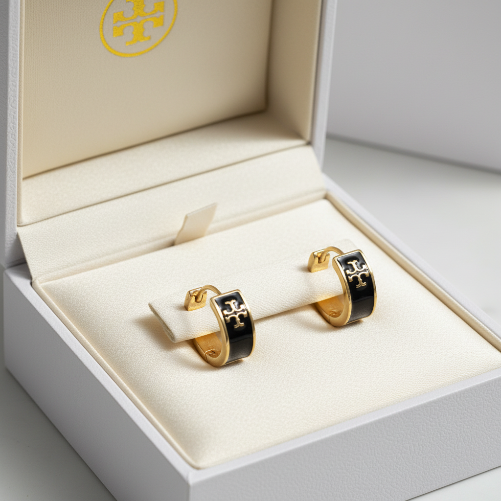 Tory Burch black enamel huggie earrings in luxury white gift box