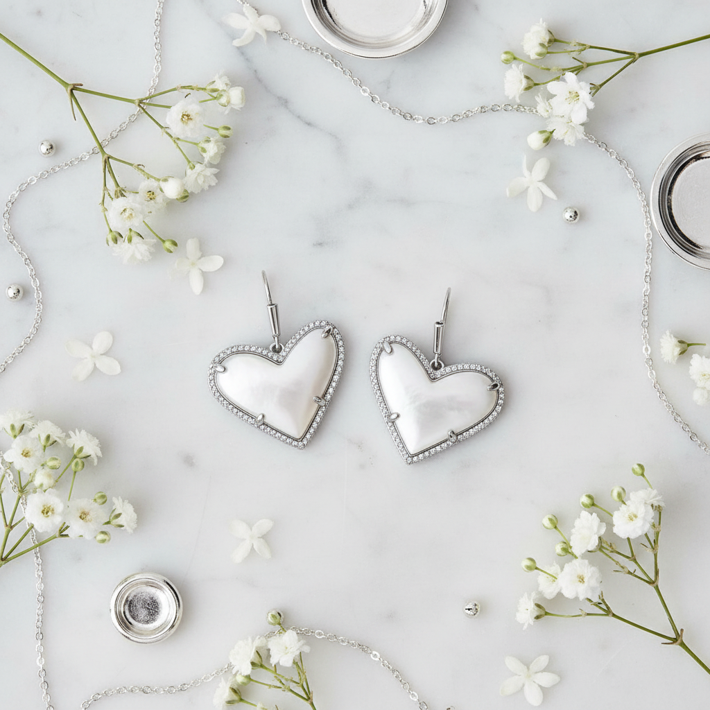Kendra Scott Ari Heart Drop Earrings marble flat lay