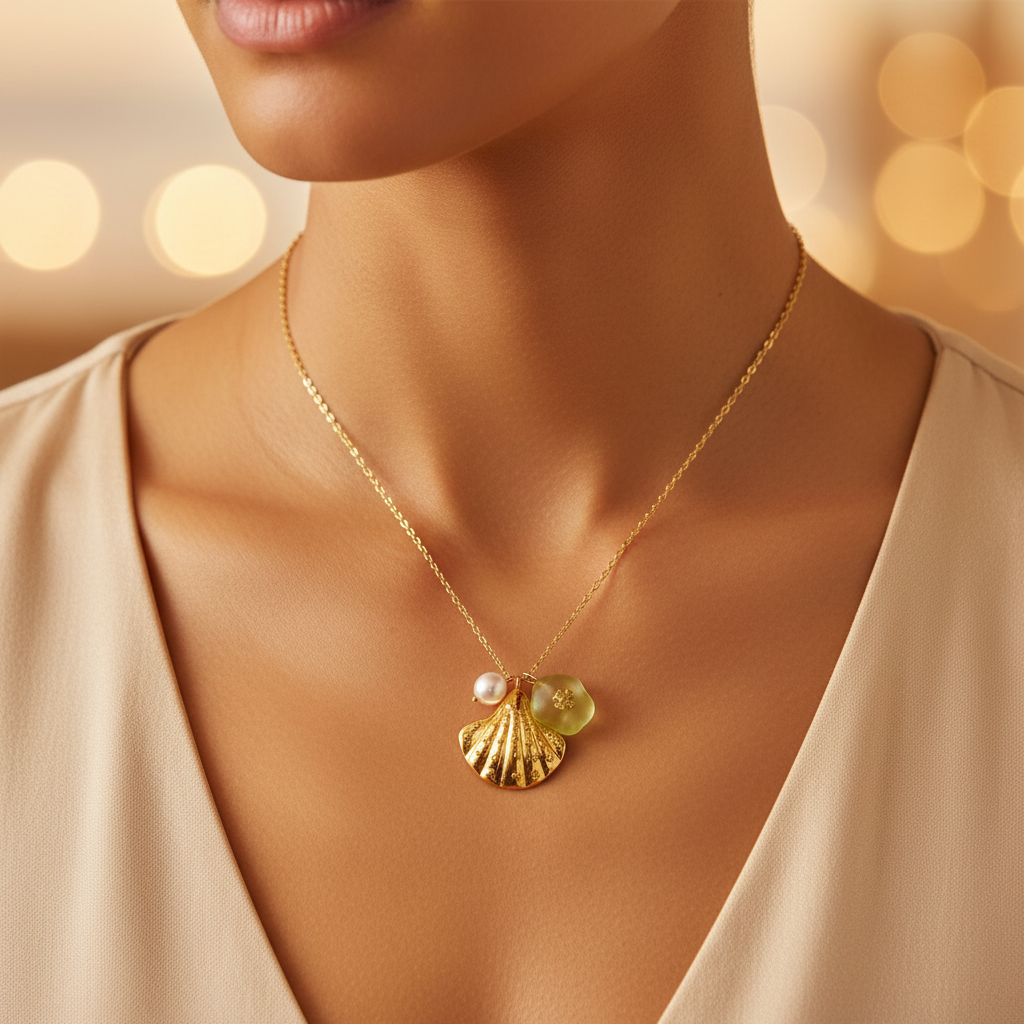 Tory Burch Sea of Dreams Shell Pendant Necklace Green - close-up neckline