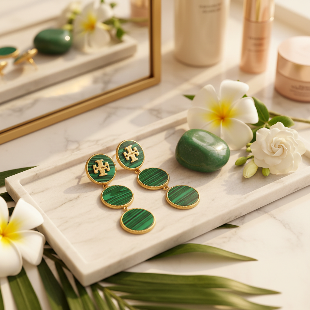 Tory Burch Malachite Dangle Earrings marble tray with jade stone and tropical flowers