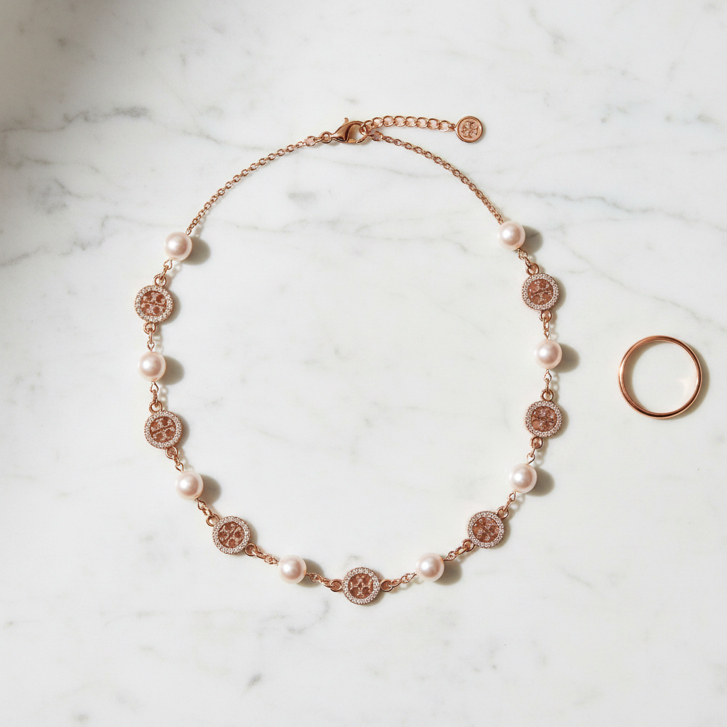 Tory Burch Miller Pavé pearl necklace styled flat lay