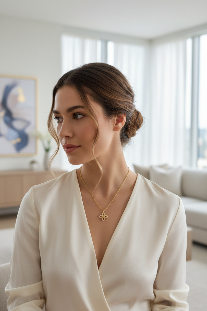 Tory Burch Kira Clover Pave Pendant Necklace worn editorial