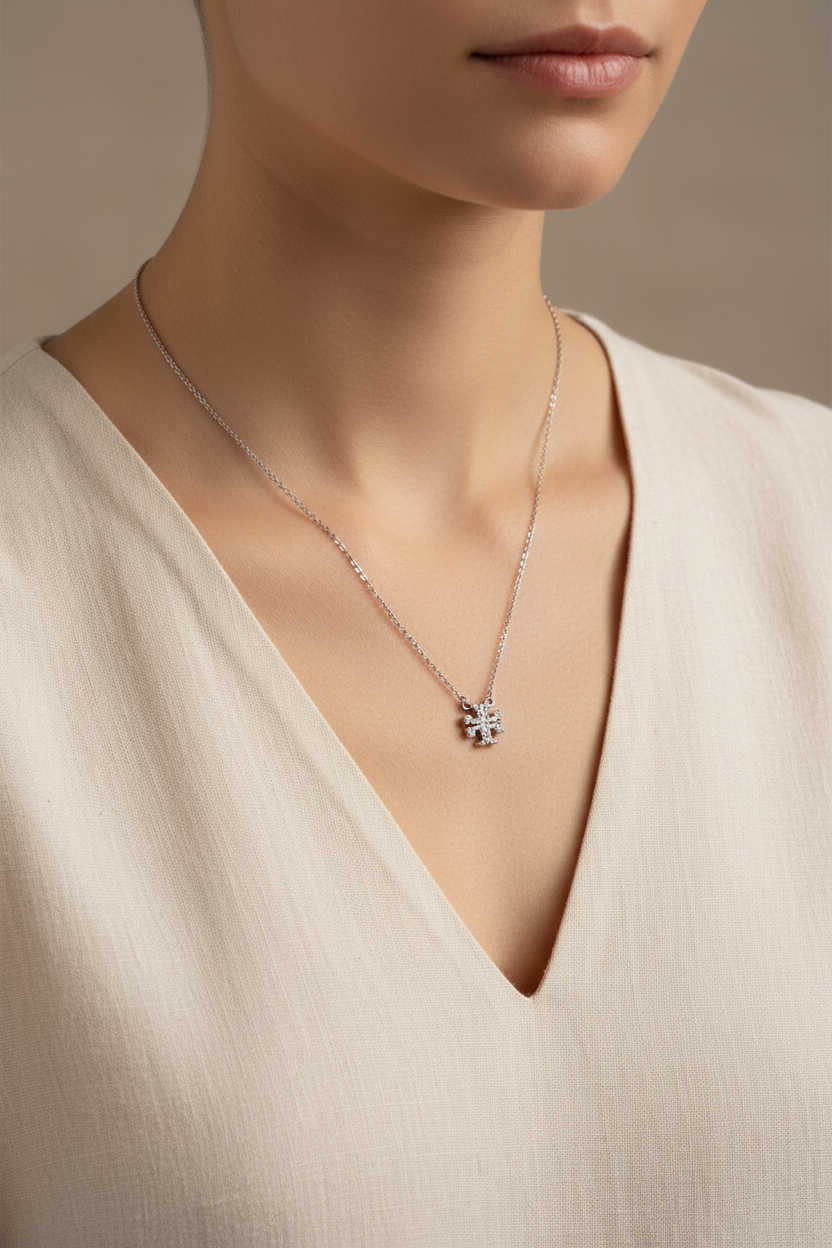 Tory Burch Kira Pave Necklace worn on collarbone