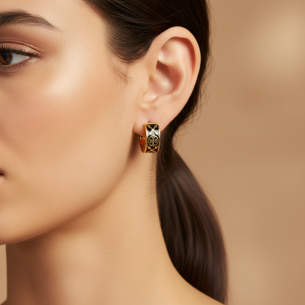 Tory Burch T Monogram Hoop Enamel Earrings Black Gold - Worn on Model