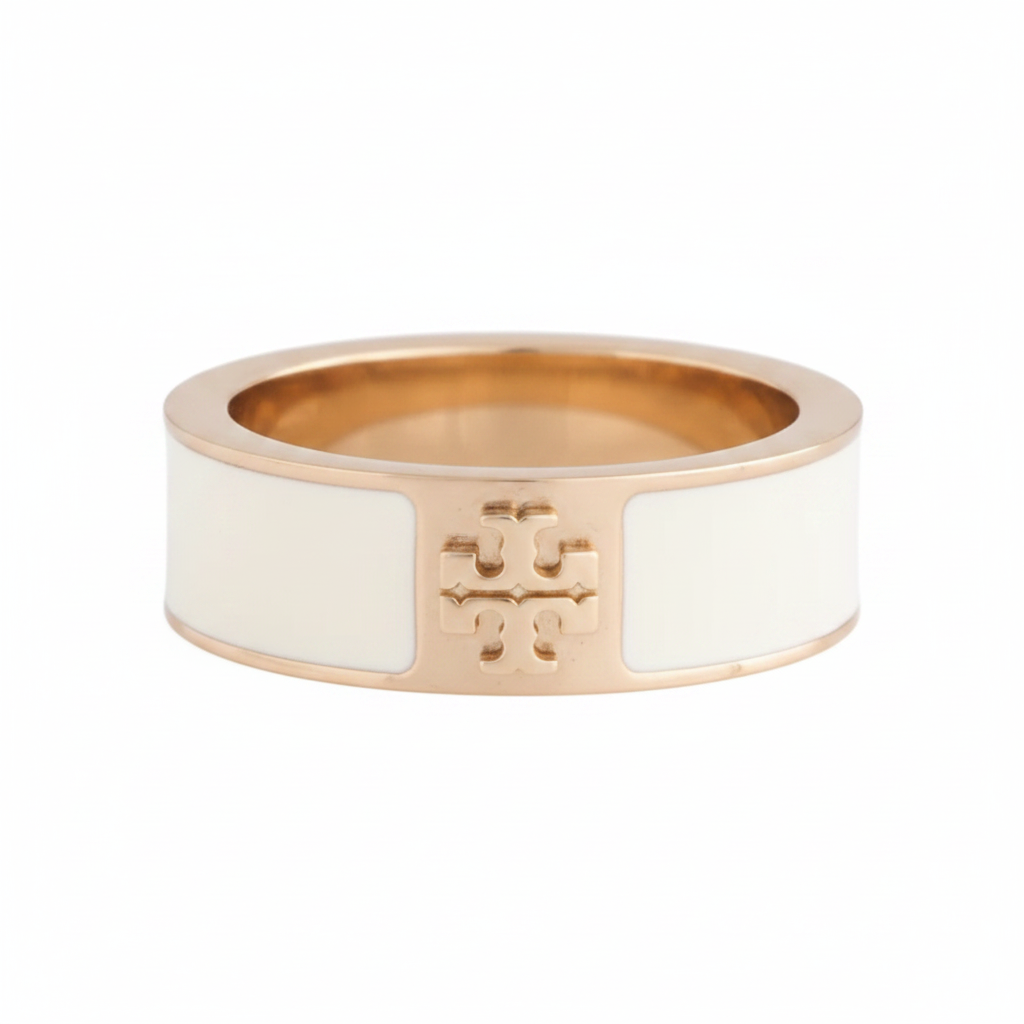 Tory Burch White Enamel TT Band Ring in Gold - clean product shot