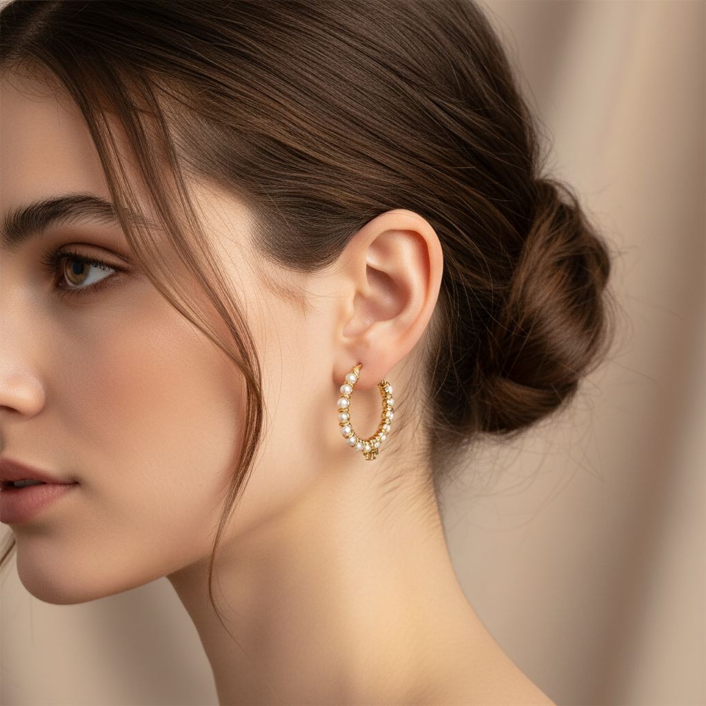 Tory Burch Kira Imitation Pearl Hoop Earrings - Worn on Model