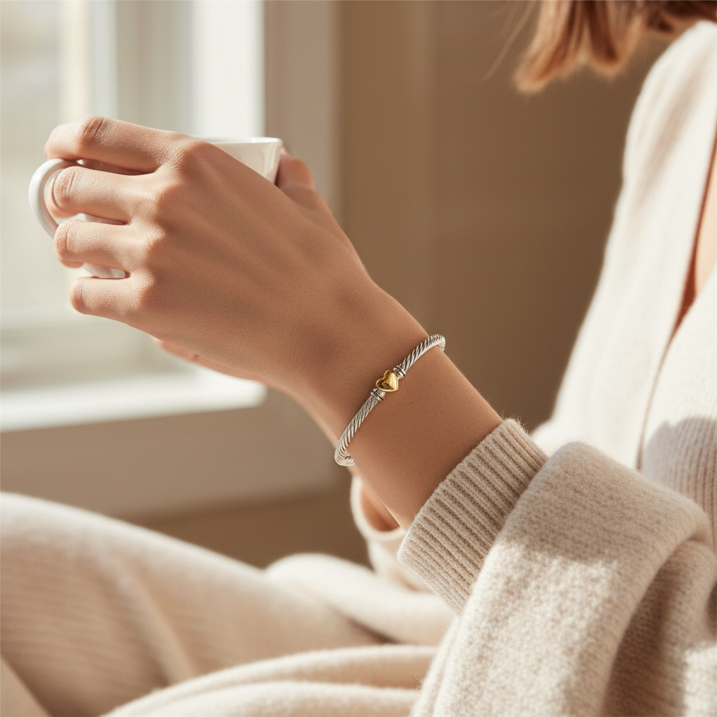 David Yurman Classic Cable Heart Station Bracelet worn on wrist