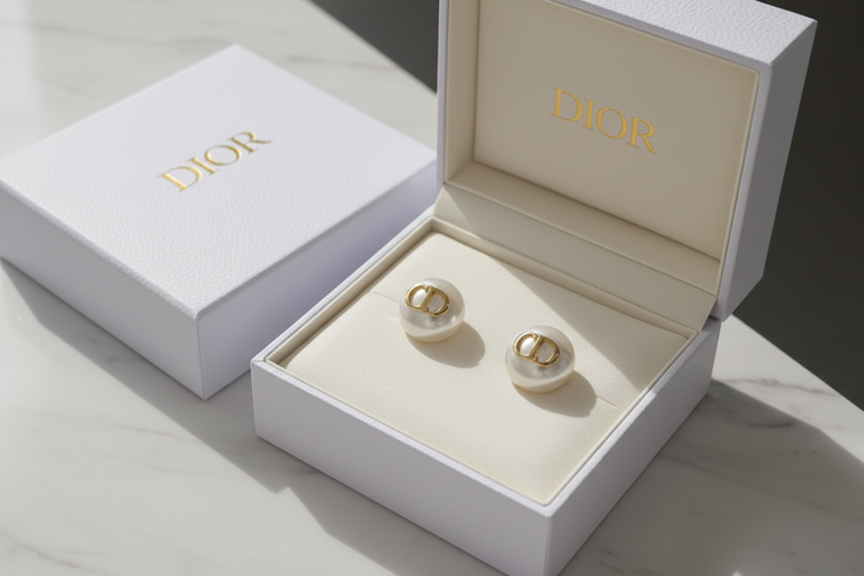 Christian Dior White Resin Pearl CD Logo Earrings in luxury Dior gift box