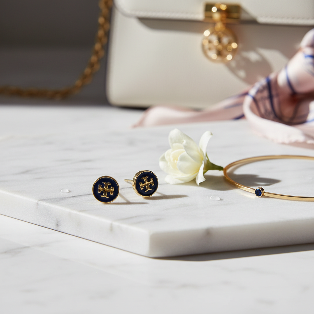 Tory Burch Kira Navy Enamel Stud Earrings on marble surface, editorial lifestyle shot