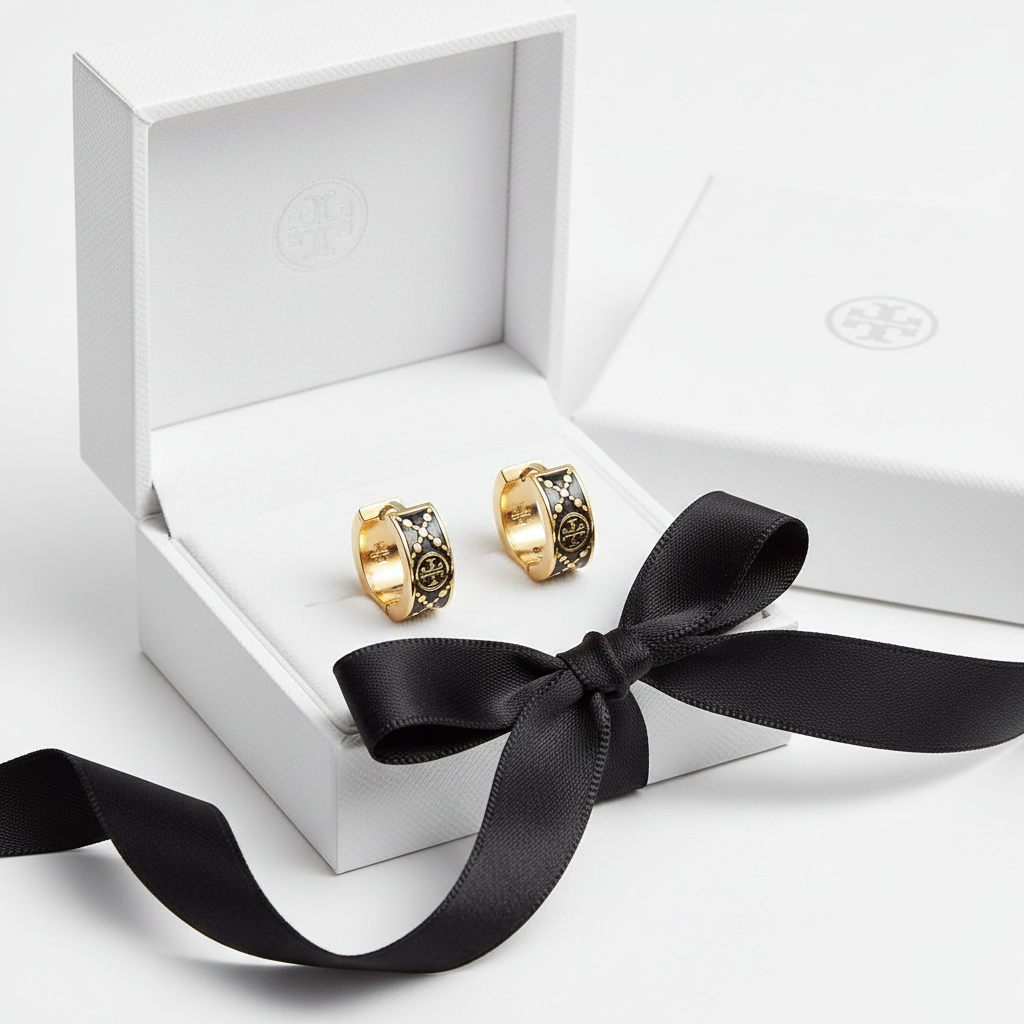 Tory Burch T Monogram Hoop Enamel Earrings Black Gold - Luxury Gift Box