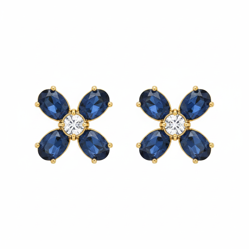 Tory Burch Buddy Clover Stud Earrings with Blue Crystal - clean white background product shot