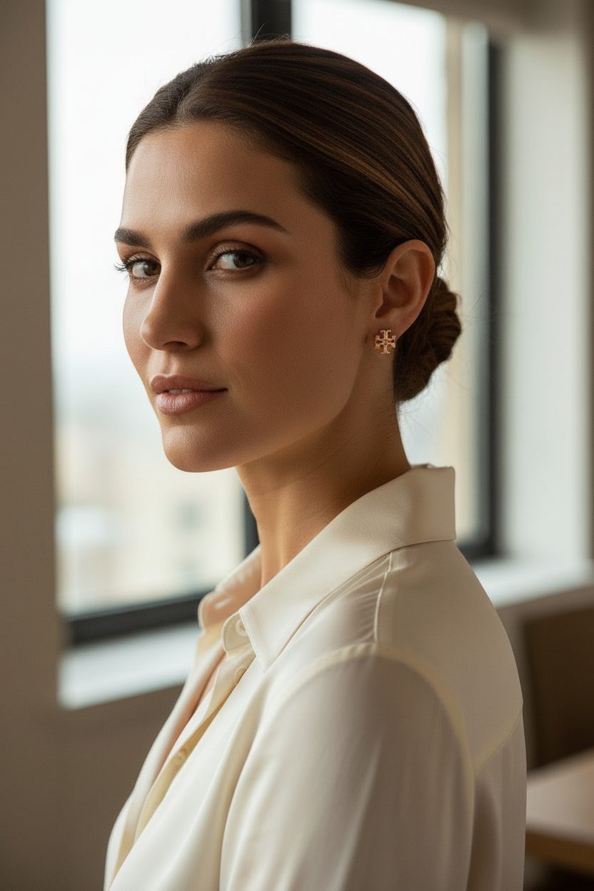 Tory Burch Icon Monogram Stud Earrings in Rose Gold worn on ear
