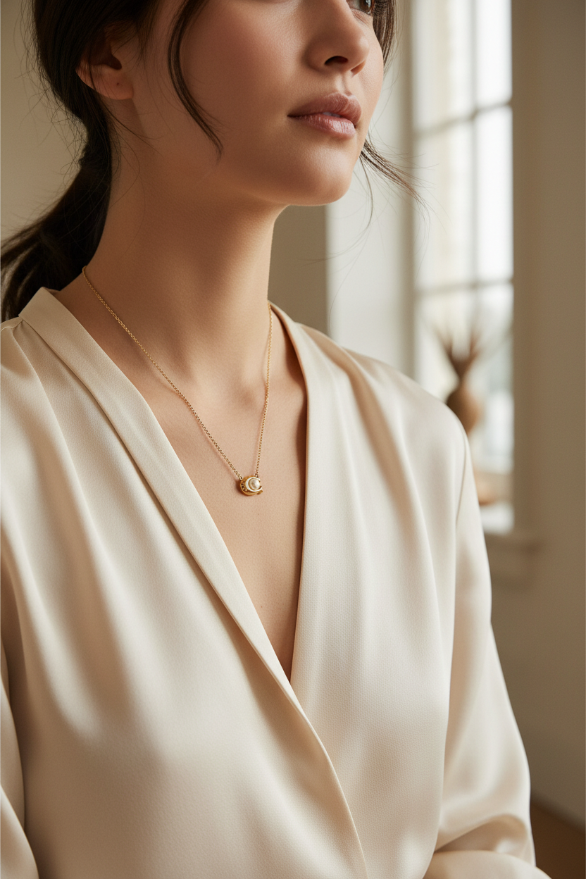 Coach C Signature pearl necklace worn on neck