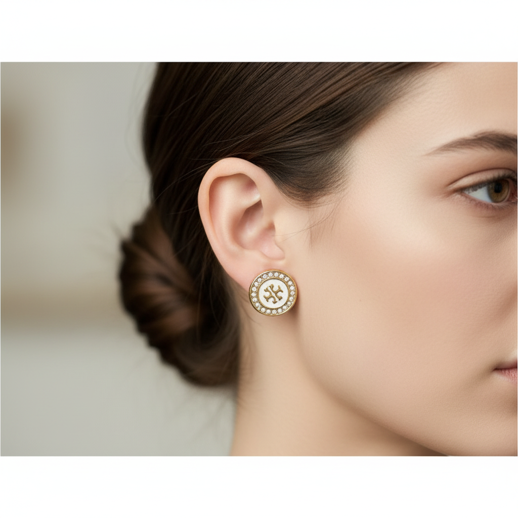 Tory Burch Kira Enamel Circle Stud Earrings ear close-up