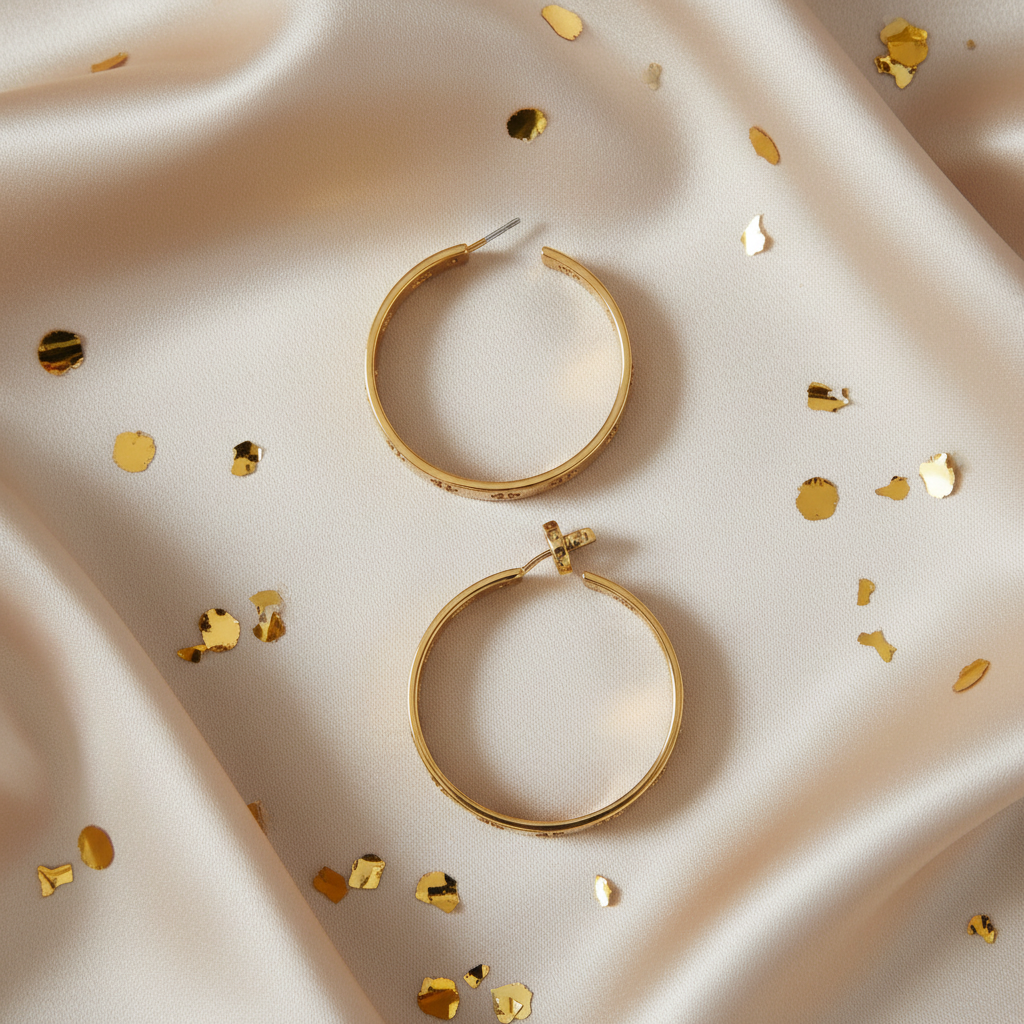 Tory Burch Gold Icon Hoop Earrings - champagne silk flat lay