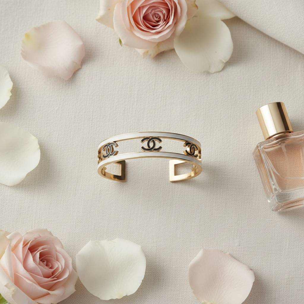 Chanel CC Logo Cuff Bracelet flat lay on cream linen – lifestyle editorial